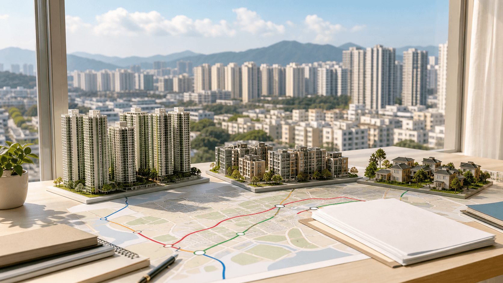 天水圍、元朗西和元朗東校網置業研究桌面,有無字地圖、住宅模型和輕鐵港鐵路線示意