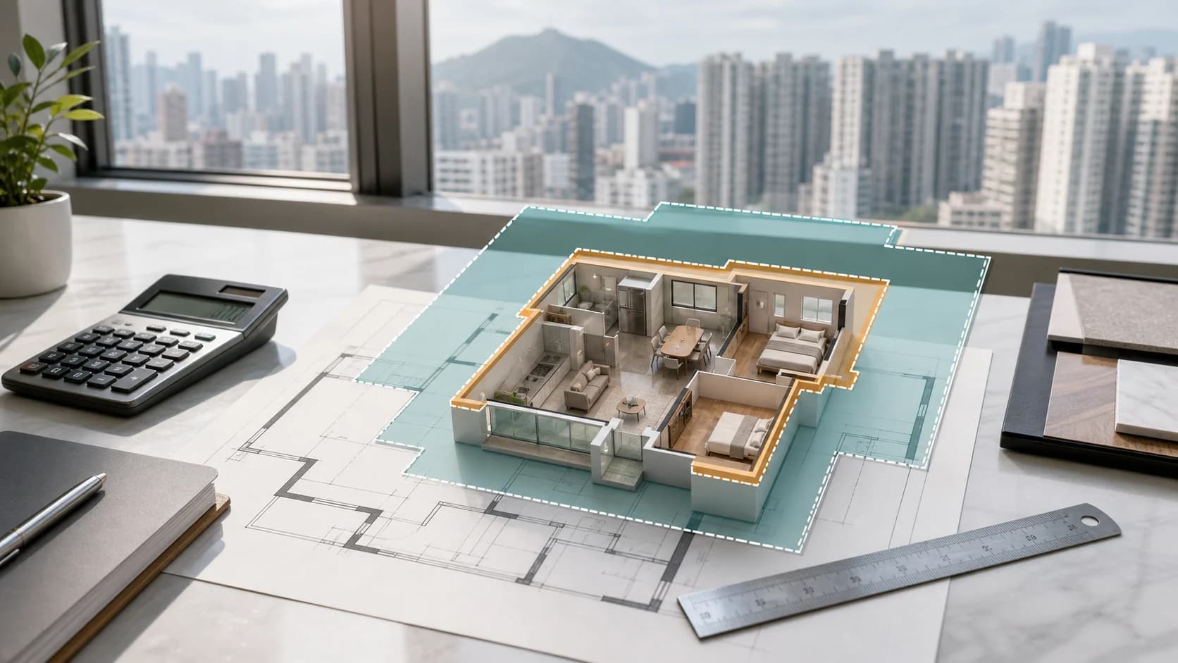 香港住宅研究桌面,平面圖上以兩層輪廓示意實用面積與建築面積差異