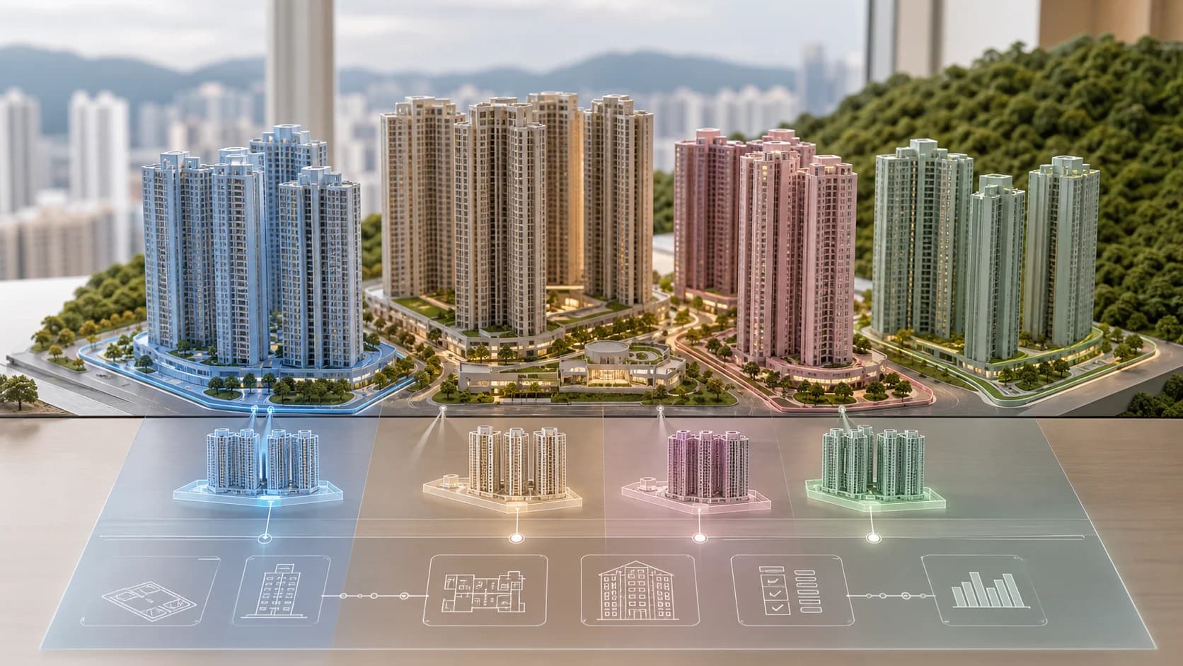 大型香港住宅發展模型以不同顏色標示多個期數